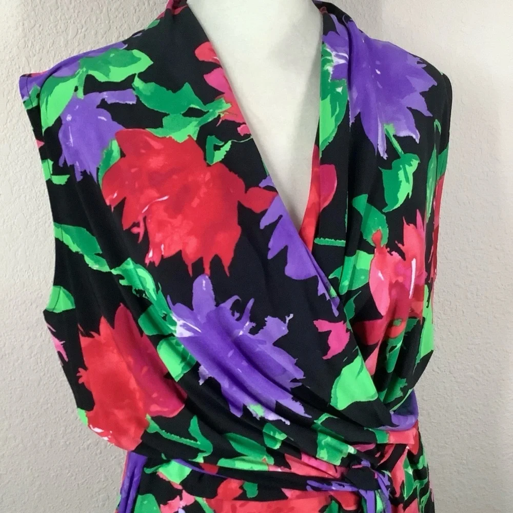 LAUREN Ralph Lauren Sleeveless Dress 1X Faux Wrap Dark Floral Work Wedding - Picture 2 of 14